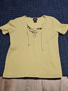 New York & Company Lace-Up Short Sleeve Top in Mustard Yellow
